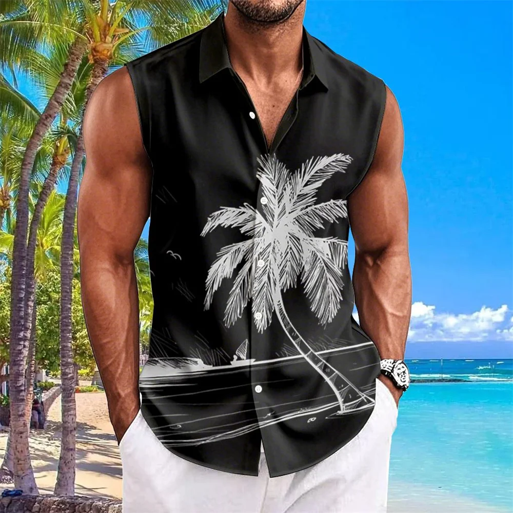 Hawaiian Shirts For Men Coconut Tree Print Simple Fashion Men Clothing Oversized Shirts Sleeveless Top Lapel T-Shirt Men's Shirt