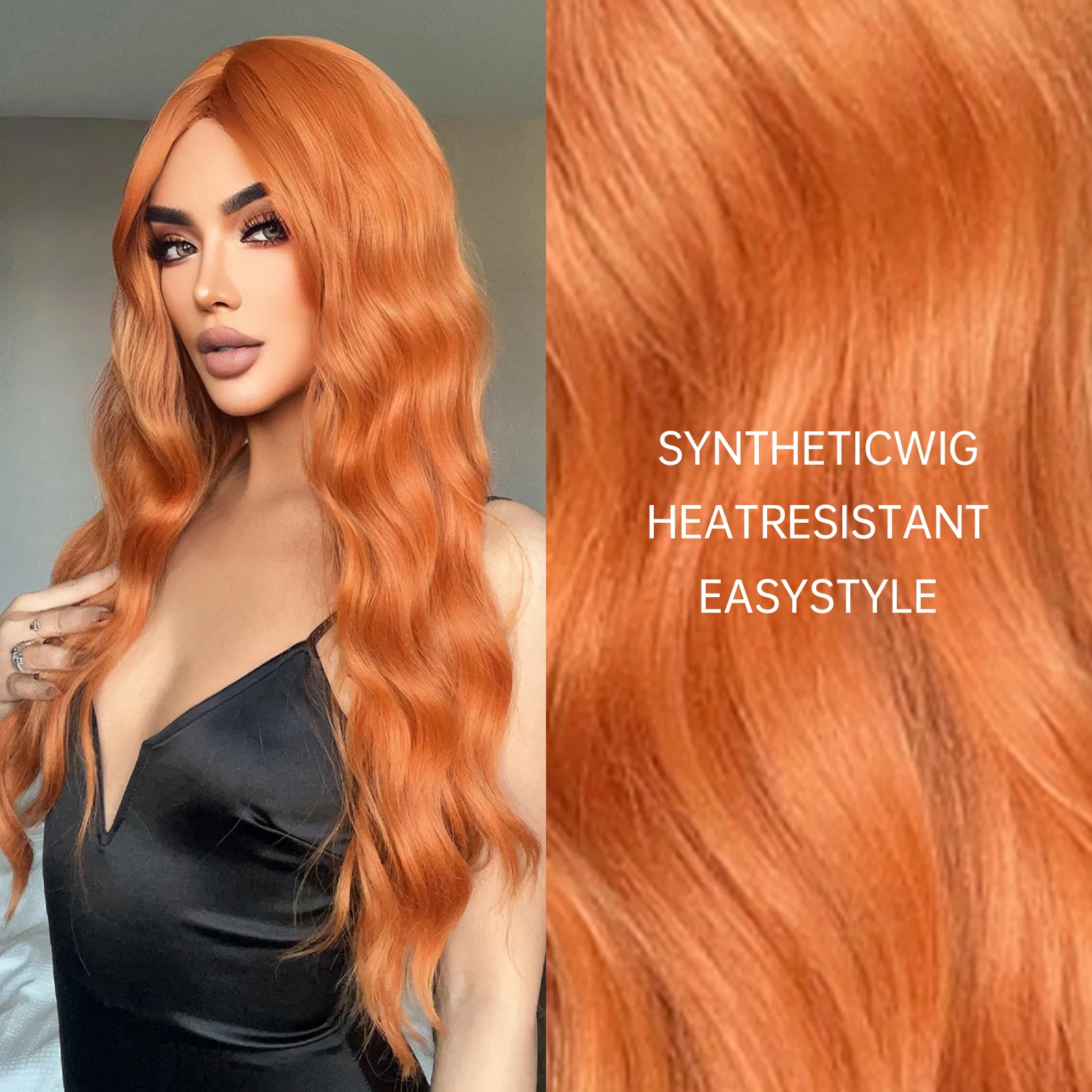 Longo Laranja Ondulado Perucas sintéticas com Franja Colorido Peruca Resistente ao Calor Encaracolado para Cosplay Party 26 inch Natural Procurando Cabelo Falso