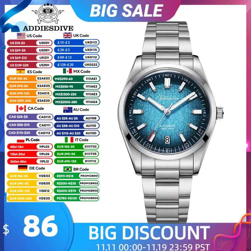 

ADDIESDIVE Automatic Men Watch Gradient Dive 100m Waterproof Domed Glass 3D Scale Luminous 8215 Mechanical New 39mm Wristwatch