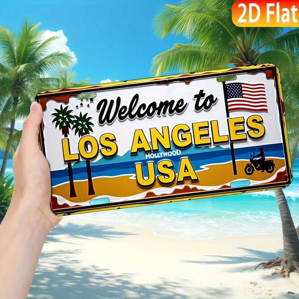 1pc Vintage Los Angeles Hollywood USA License Plate - Retro Metal Wall Decor with Palm Trees & American Flag - Heavy-Duty Alumin