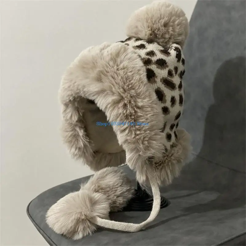 P88B الحلو لطيف ليوبارد طباعة قبعة قبعة صوف عادية قبعة صوف شتوية عادية مع EarFlap اليدوية كل مباراة Earprotect يندبروف #2