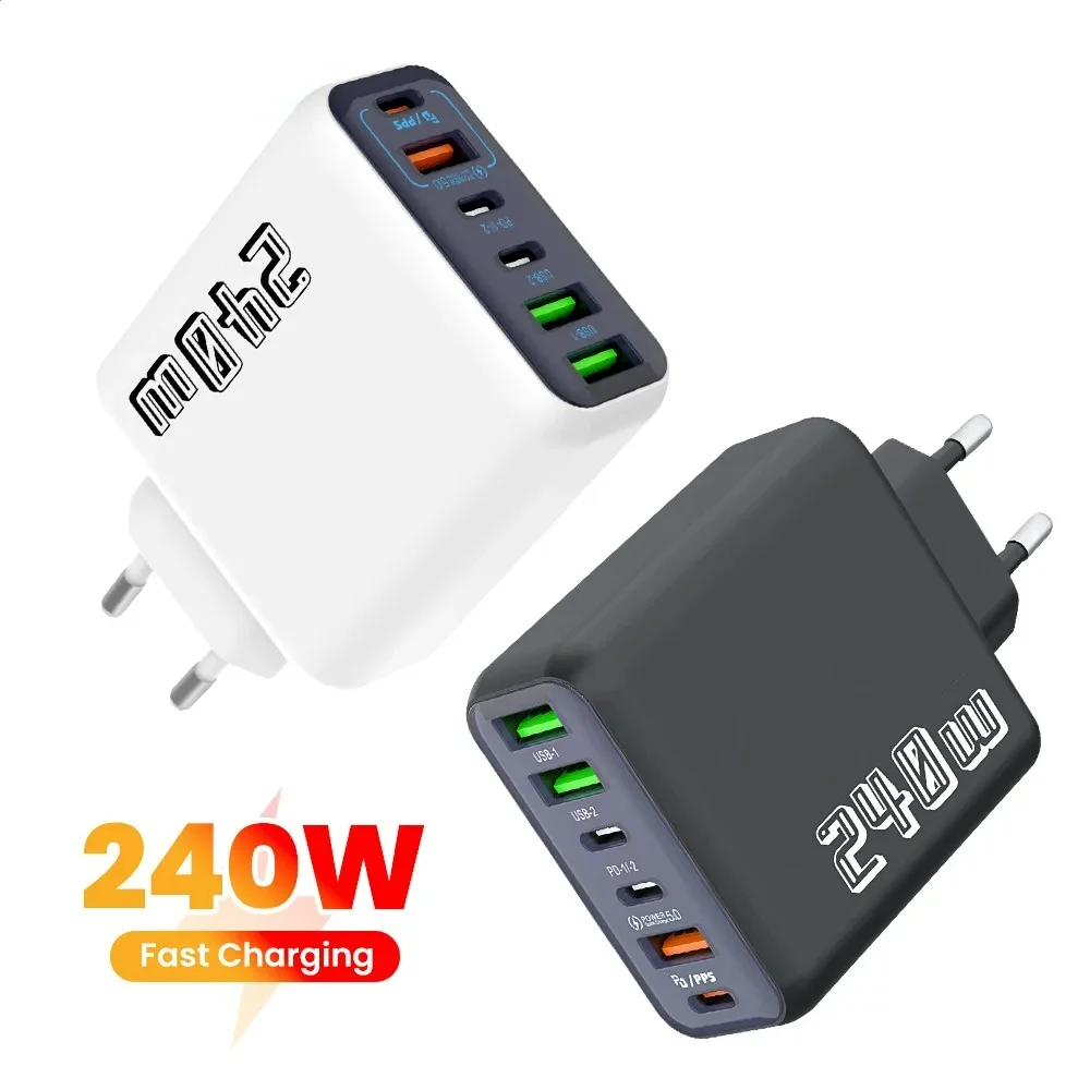 6 in 1 240W USB C Charger Mobile Phone USB Type C Fast Charger Power Bank USB Wall Charger EU/US/UK Plug for iPhone 17 16 Xiaomi
