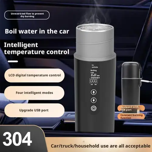 Imagen 2 del producto Taza calefactora para coche de 12V y 24V, hervidor eléctrico de 500Ml, calentador de agua, taza hirviendo, caldera, vaso termostático, termo, taza térmica