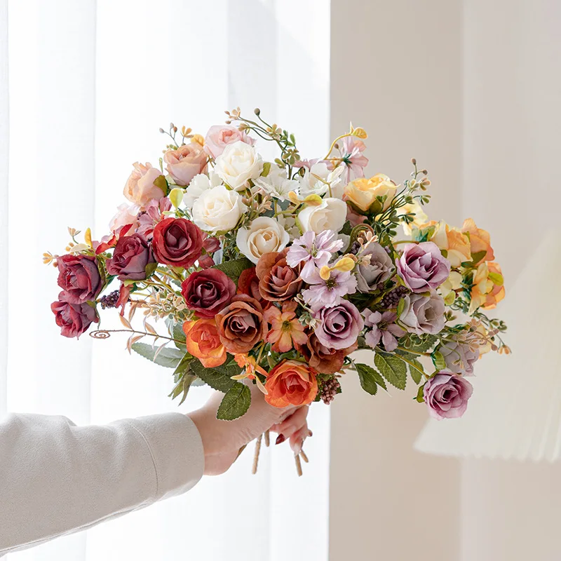 1 Bouquet Orange Rose Artificial Flowers Peony Autumn Silk Fake Flowers for DIY Living Room Home Garden Wedding Decoration