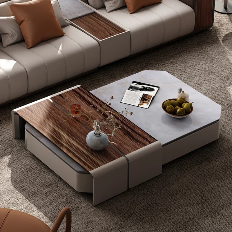 

Black walnut coffee table villa living room, natural marble coffee table removable