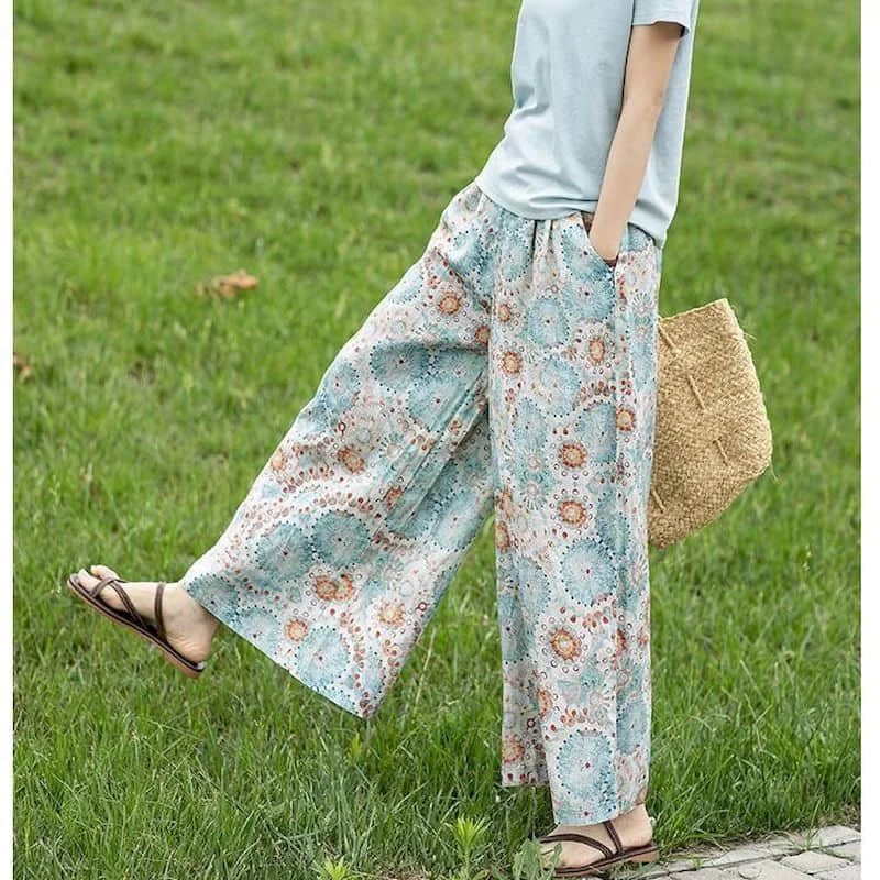 Cotton Linen Pants Floral Printing Loose Casual Vintage Korean Style Harajuku Trousers Wide Leg Pants Women Clothing Baggy Pants