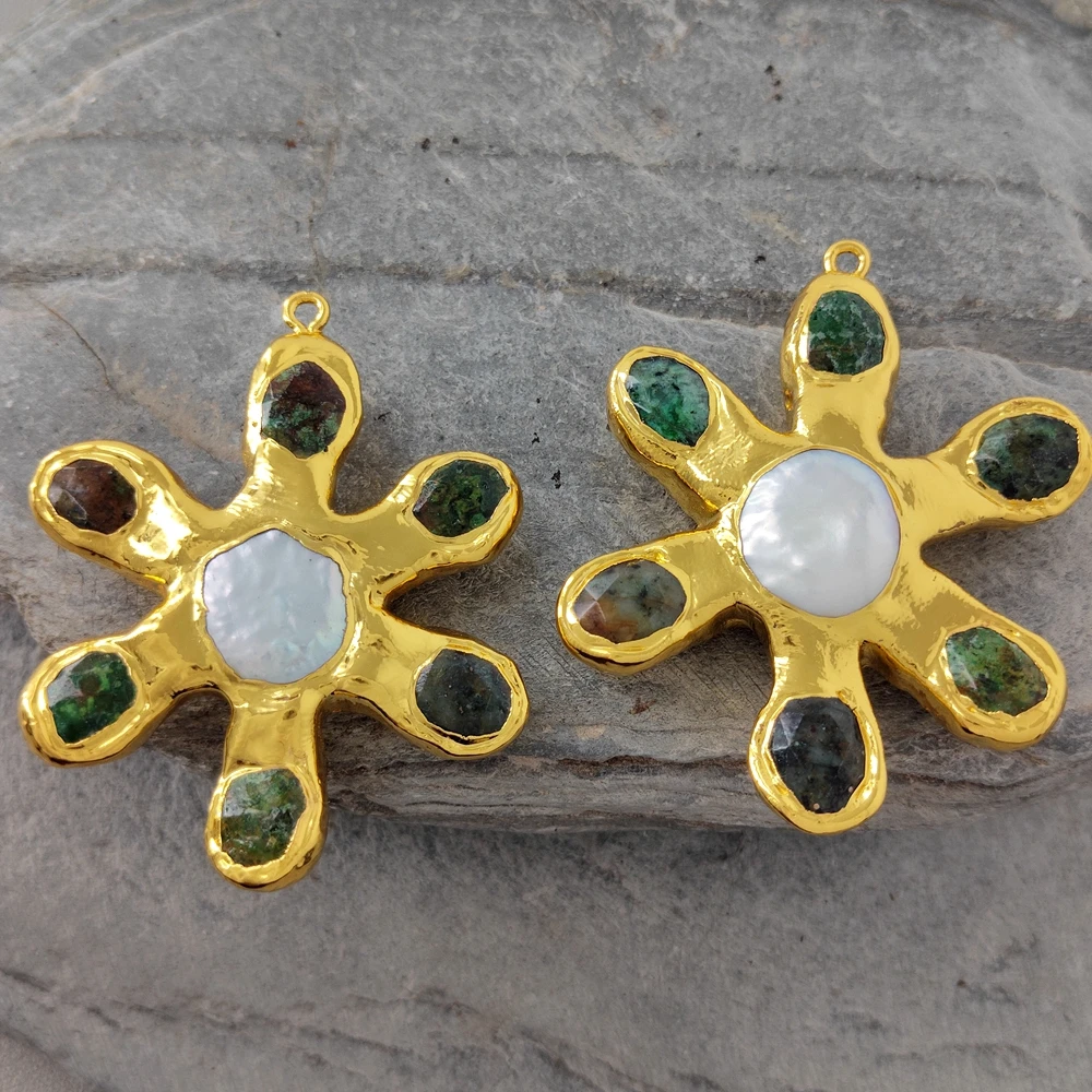 

5 PCS Cultured White Coin Pearl Green Jasper Flower Pendant For Jewelry For Necklace DIY