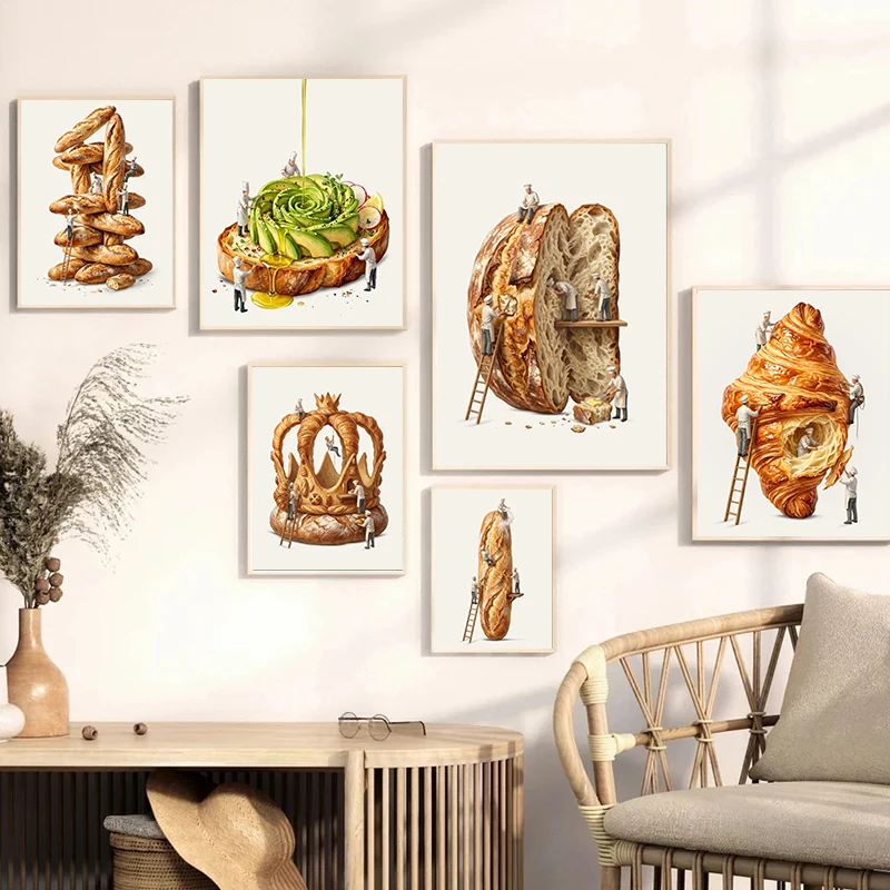 Whimsical Artisan Baking Kitchen Toast Sourdough Posters Bread Crown Modern Prints Canvas Painting Wall Pictures Home Room Decor