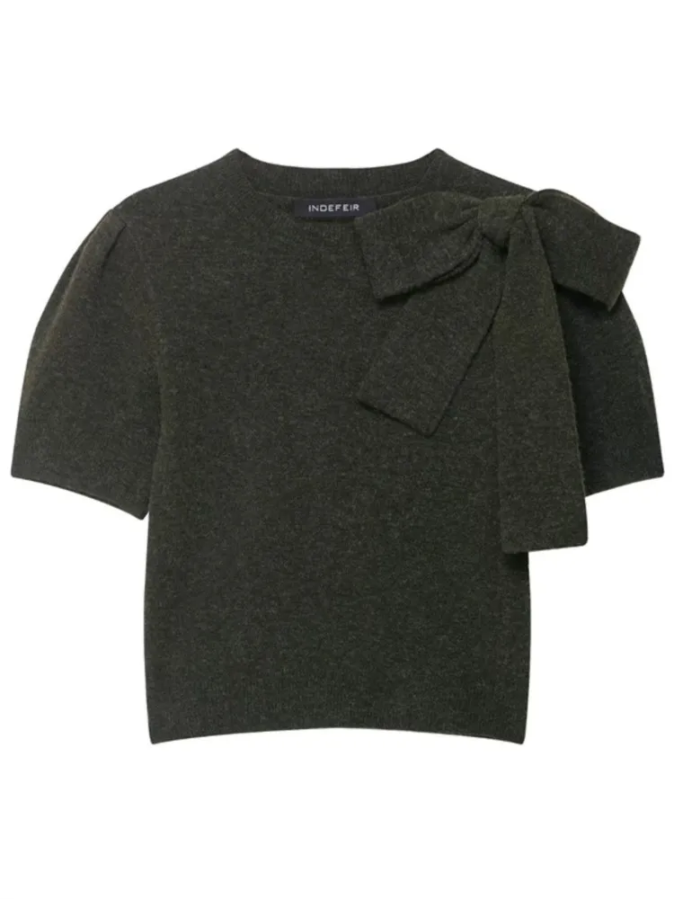 

Autumn Clothes Woman Pull Femmes Knitted Pullover Bowknot Short Sleeves Simple Style All-match Slim Solid Color Casual Commuting