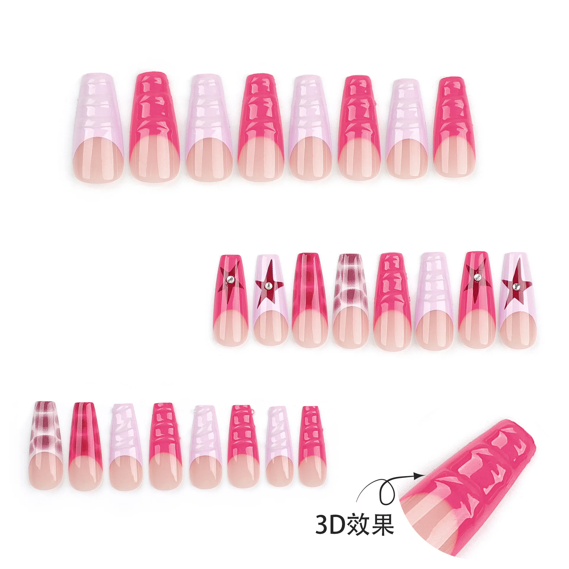 3D French Red Wearable Nail Tips with Star Rhinestones Long Ballet Shape Full Cover Fake Nails for Women&Girls Daily Nail Wear