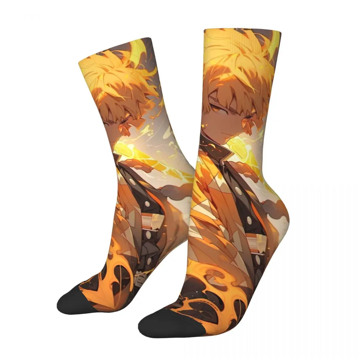 Retro Demon Slayer Zenitsu Anime Soccer Socks Polyester Crew Socks for Unisex Non-slip