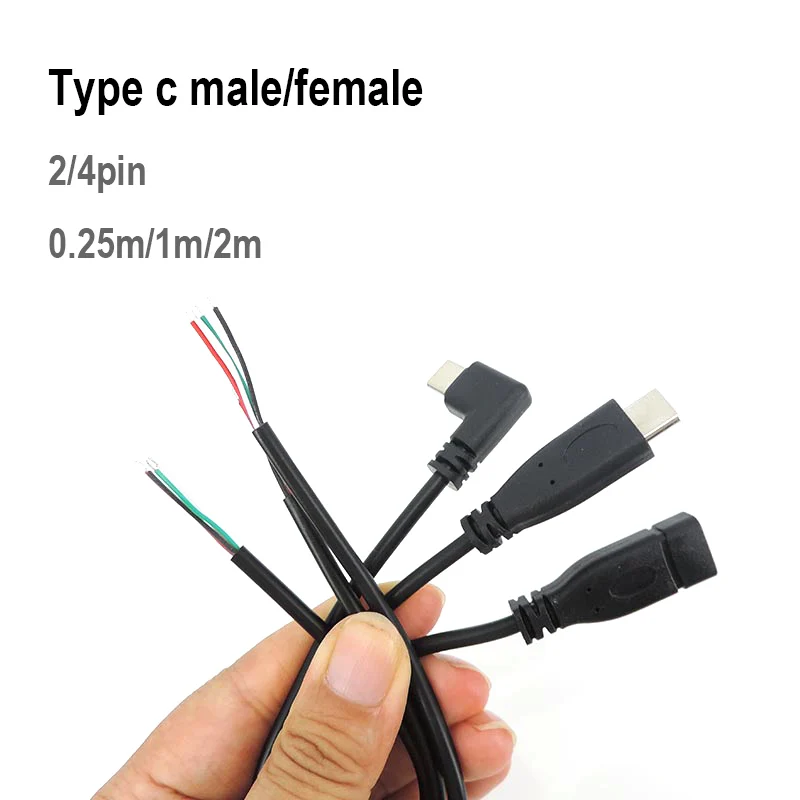 0.25-2M 2/4 core pin wire USB 2.0 Type C Male female elbow type-c Cable Connector right angle Plug DIY Repair data Charging cord