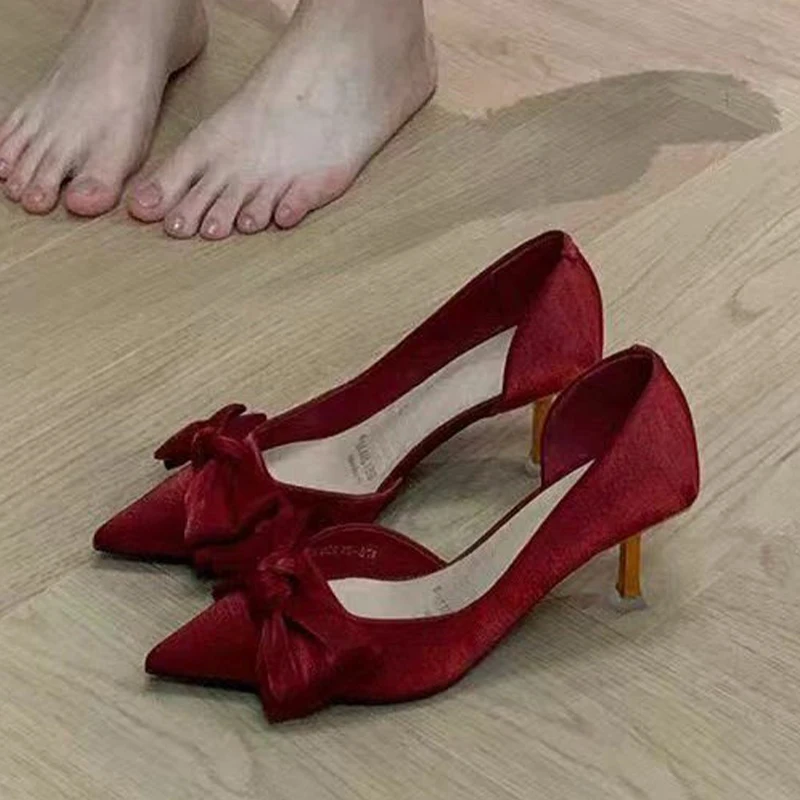 

Women Bow High Heels Shoes Pointed Toe Sandals Summer 2026 Sexy Wedding Dress Shoes Shallow Pumps Comfort Walking Mujer Zapatos