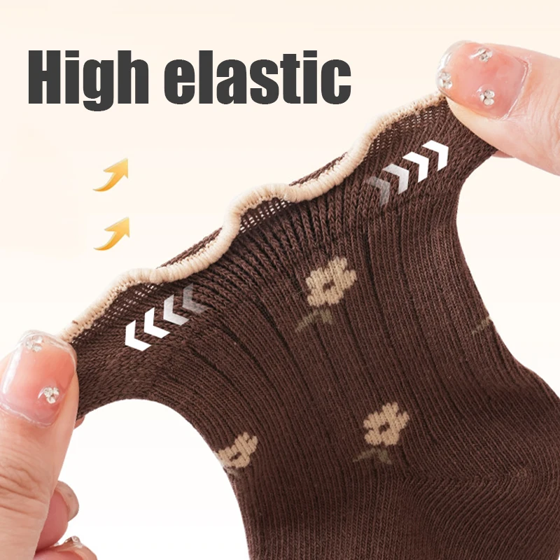 3/5 Paar Kleinkind Mädchen Socken mit Wellenmuster und Rüschenbündchen, Vintage Blumen Baby Socken für Mädchen, für den täglichen Gebrauch – Detail 3