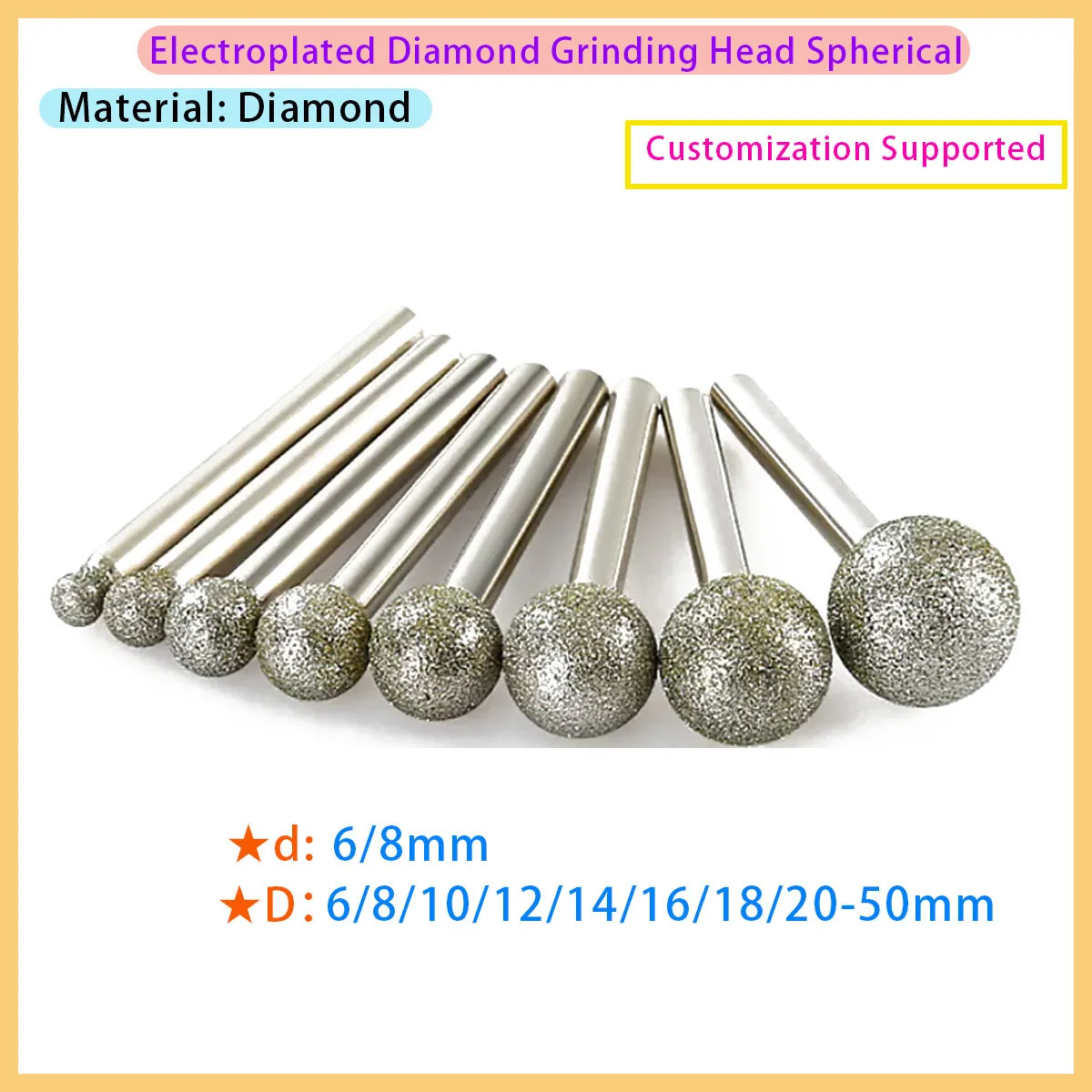6/8mm Diamond Grinding Head Spherical Handle Spherical Burr Grinding Head F Needle Jade Carving Tool Carving and Polishing Parts