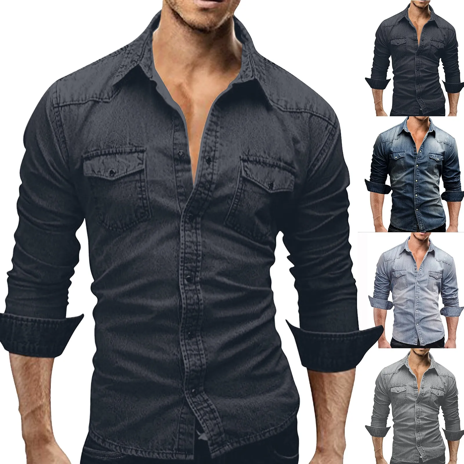 Men\'S Autumn Fashion Clothing Casual Fashion Long Sleeve Lapel Shirts Solid Color Denim Washed Shirt Men\'S Tops