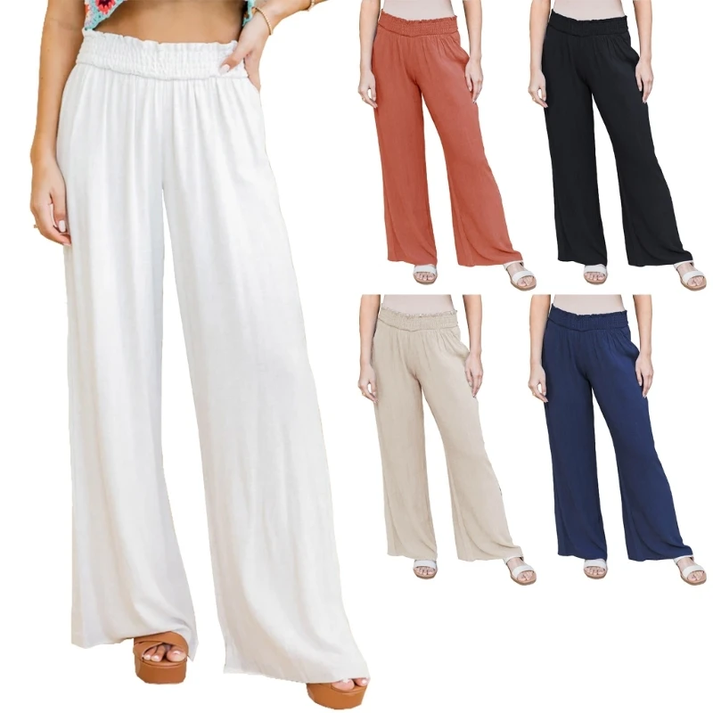 

Women Wide Leg Pants Solid Color Pants Female Elastic Waist Pants Loose-Fit Casual Trousers Ladies Straight Long Pants F3MD