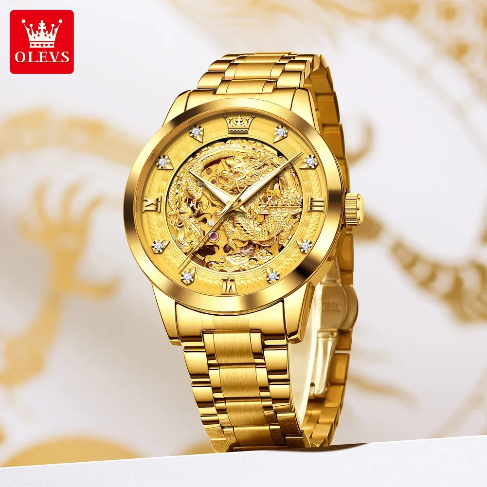 OLEVS 7027 Automatic Mechanical Men's Watch High end Waterproof Luminous Watch Luxury Golden Dragon Diamond Dial Brand Men Watch