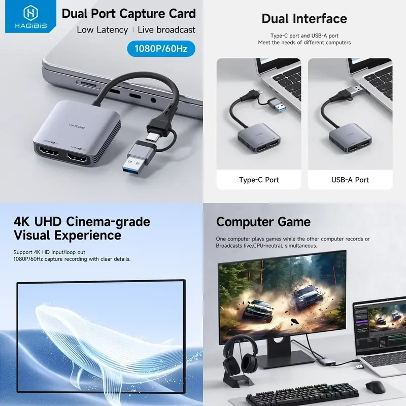 Hagibis Video Capture Card Hdmi-Compatible To USB A/C Recording Card 1080P With 4K Loop Out For Switch Xbox Ps4/5 Live