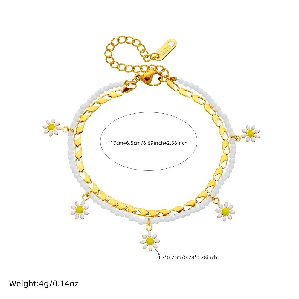 DIEYURO 316L Stainless Steel White Small Flower Oil drop Double Layer Anklets For Women Waterproof Foot Chains Jewelry Gift