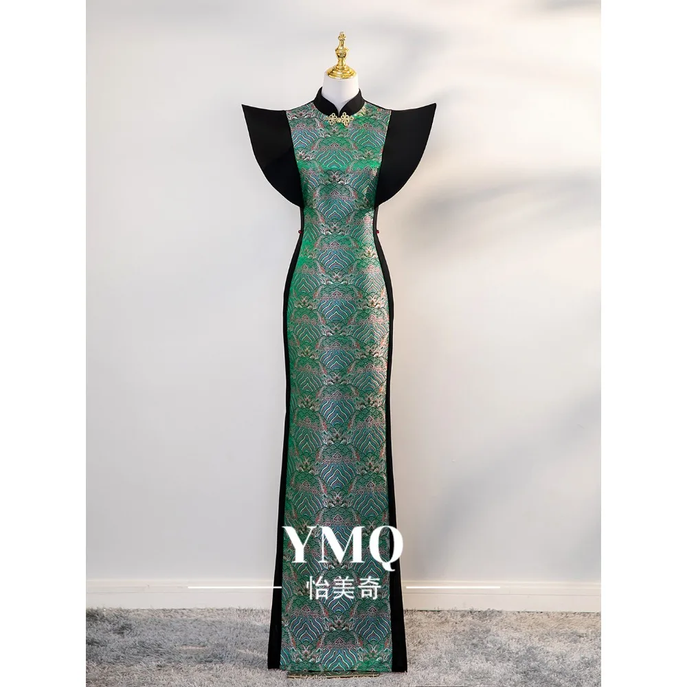 Nuevo Vestido Cheongsam Verde Chino 2025 Elegante para Pasarela con Cola para Equipo de Modelos