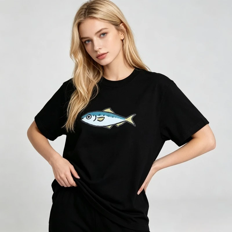 Casual Short Sleeve T-Shirt Women 100% Pure Cotton Minimal Hand Drawn Fish Japanese Graphic Oversized Soft Tee