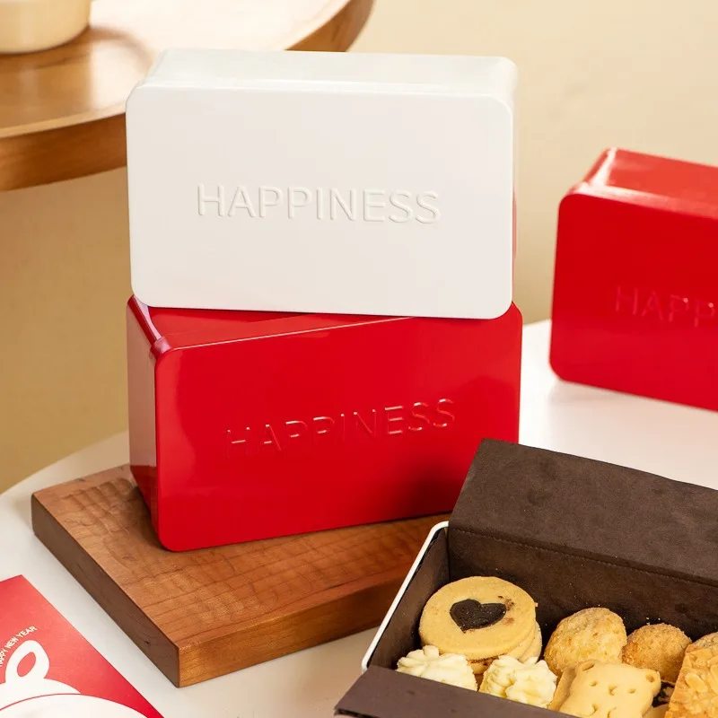 HAPPINESS Embossed Cookie Storage Tin Box Rectangular Dessert Packing Iron Box DIY Snow Crisp Nougat Candy Empty Gift Box Home