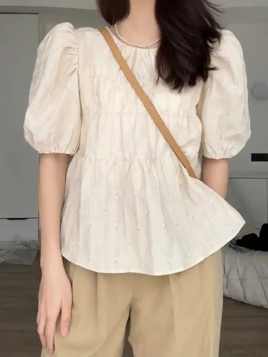 

Anti-Aging Bubble Sleeve Set Women Summer Polyester Fiber round Neck Short Sleeve Nine Points Pants Two-Piece Ensemble
