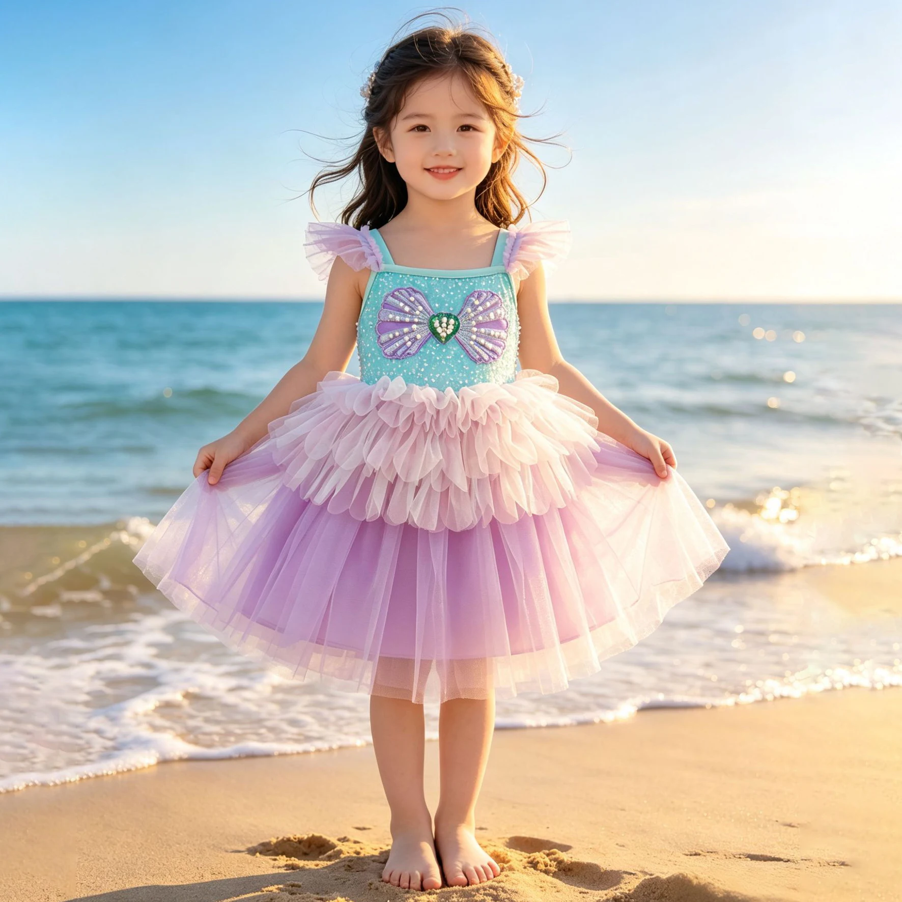 

2026 New Girls Shell Pearl Sequin Sling with Flying Sleeves and Mesh Sweet Cute Birthday Party Fashion Mermaid Princess Dress
