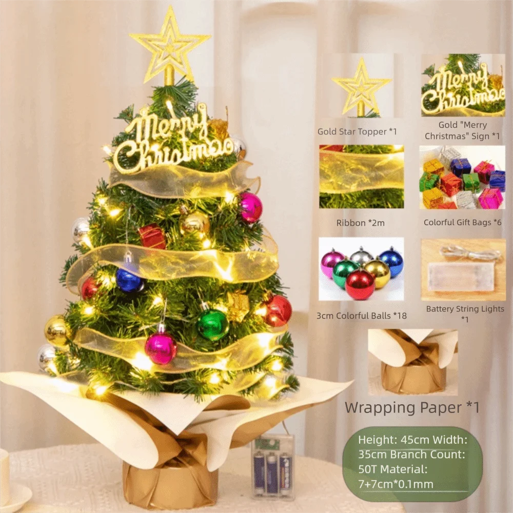 Pohon Natal Mini 45cm untuk Meja, Bola Berwarna, Pohon Natal Bercahaya, Pohon Natal Artifisial PVC, Dekorasi Rumah