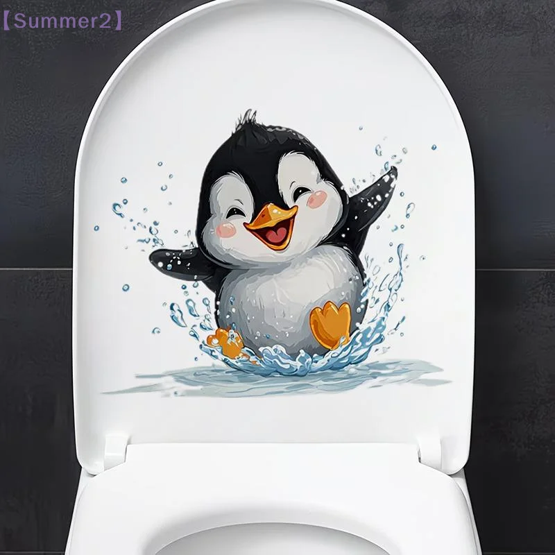 Cute Swimming Penguin Toilet Sticker Waterproof Bathroom Wall Sticker Self-Adhesive Removable Decals Home Decor〔Sum2〕