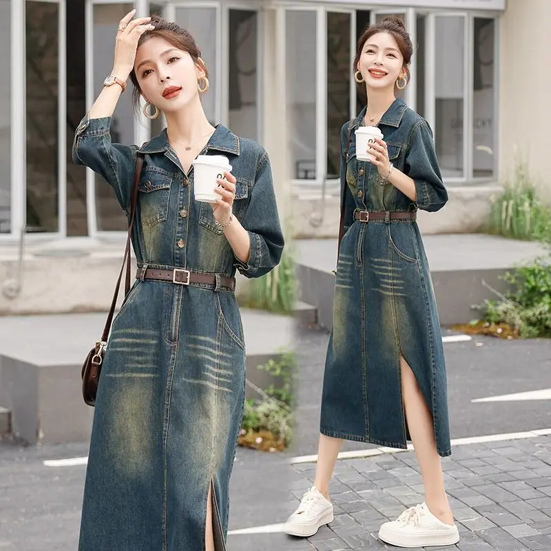 Fashionable Denim Dress Women Elegant High Waisted Three Quarter Sleeve Dresses Casual Washed A-line Long Jeans Dresses