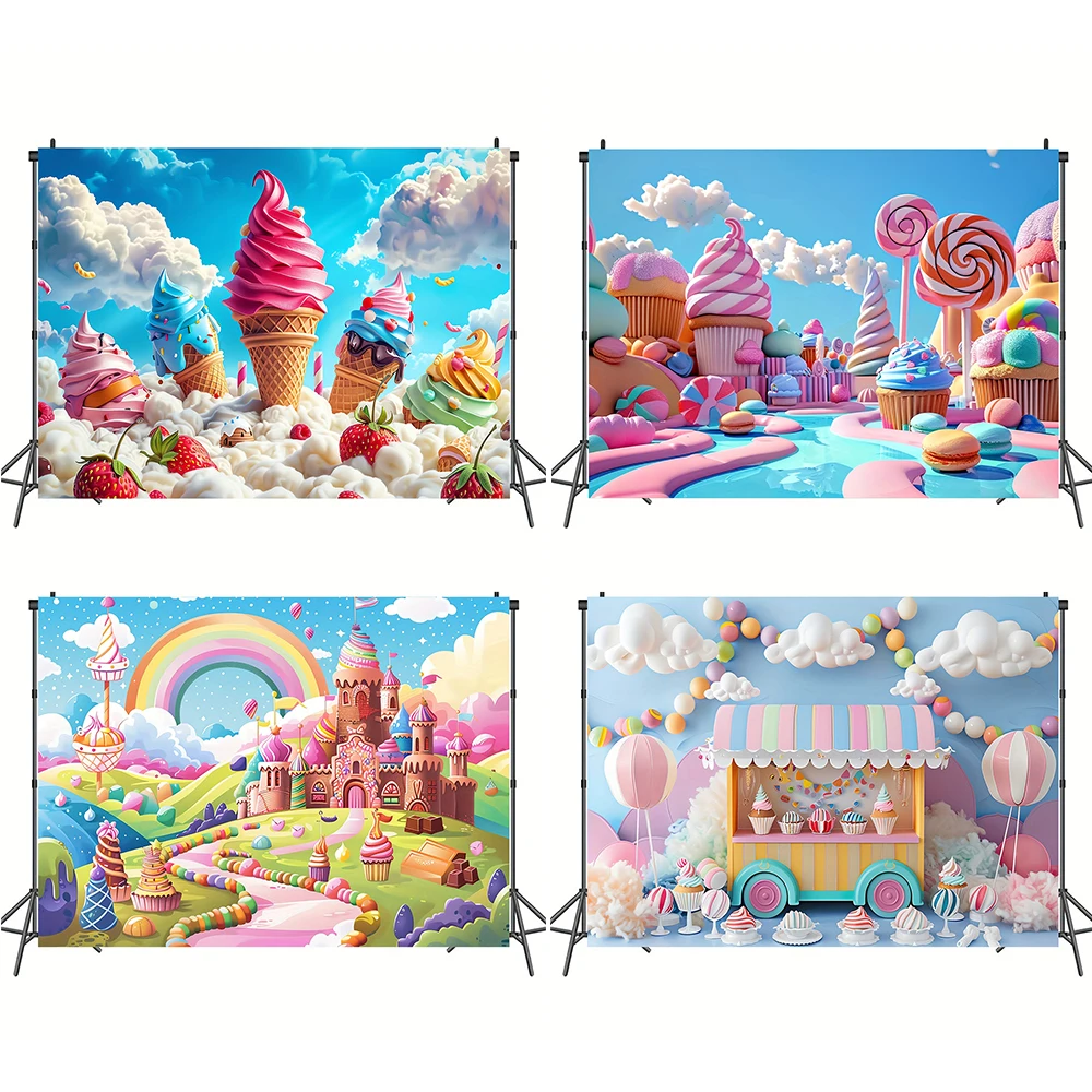 Sweet Ice Cream Theme Backdrop Dessert Lollipop Rainbow Photography Background Girl\'s Birthday Party Cake Table Decor Banner