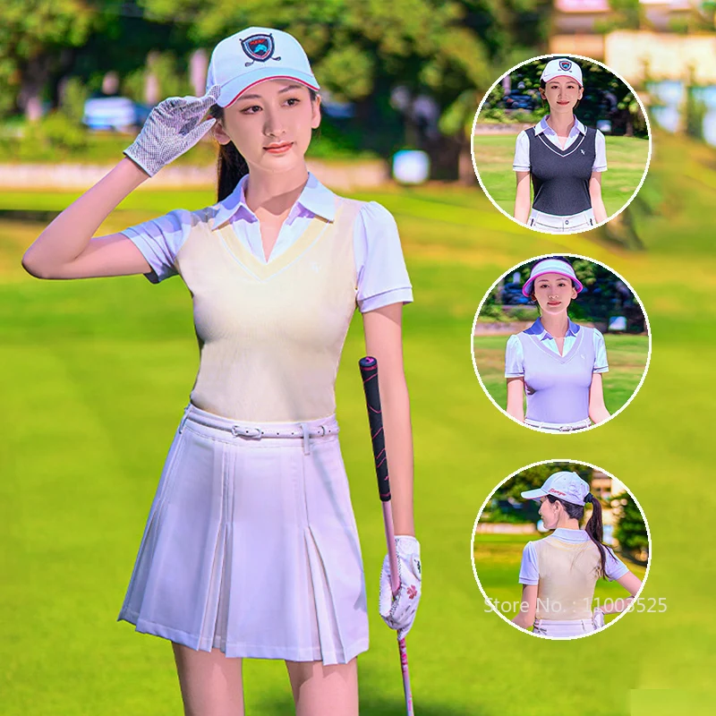 

TTYGJ Women V-neck Short Sleeved Golf Top Summer New Slim Polo Shirts Ladies Fake Two Piece Breathable Golf T-shirts