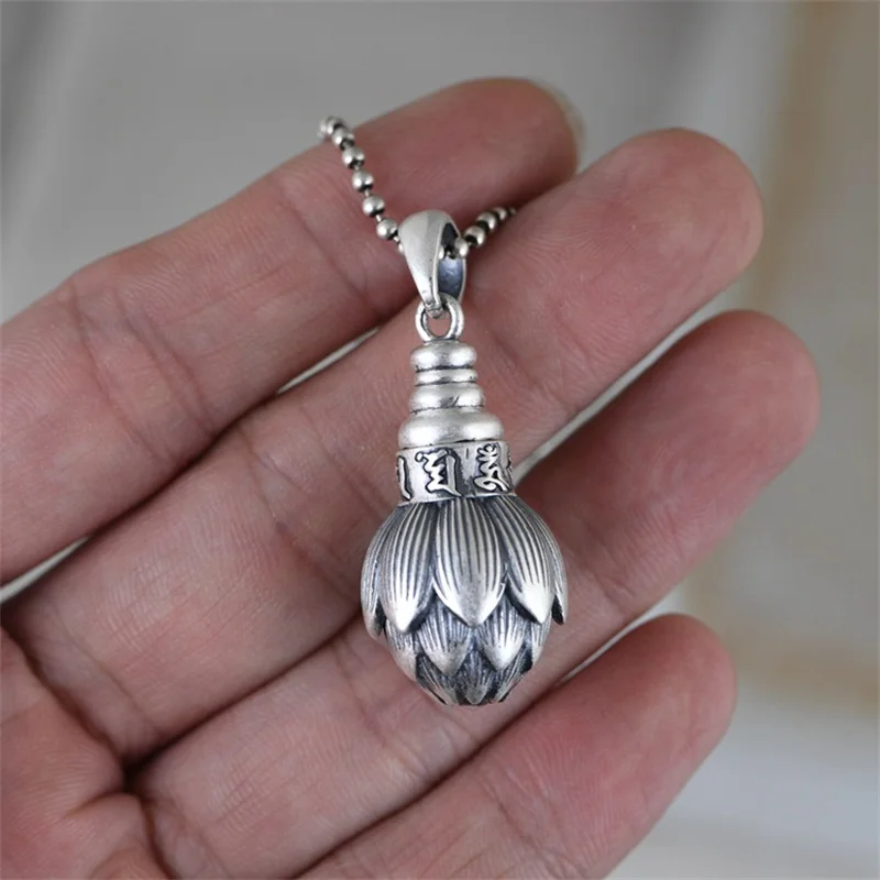 

Thai Silver Opening Lotus Gawu Scripture Box Jewelry for Buddhists 990 Silver Lotus Necklaces NO Chain 6-word Mantra Pendants