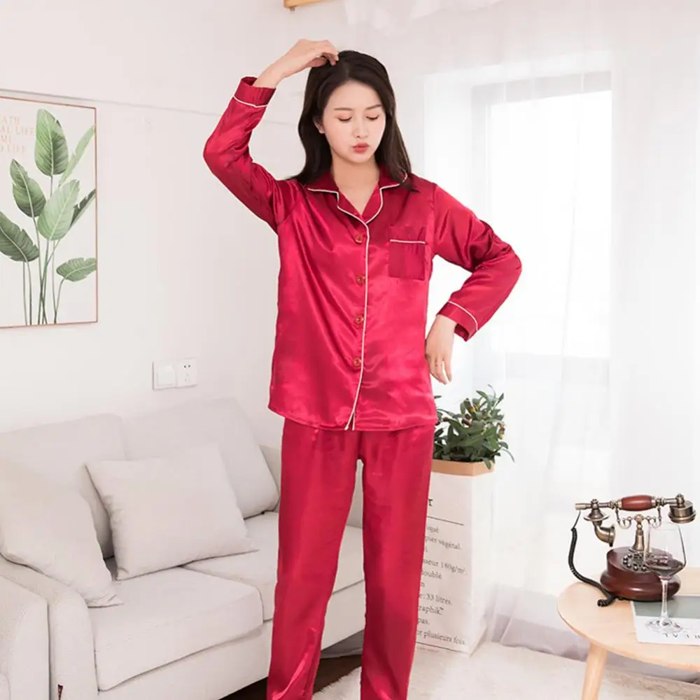 Long Sleeve Suit Solid Color Pajamas Set Women Sleepwear Silk Satin Couples Suit