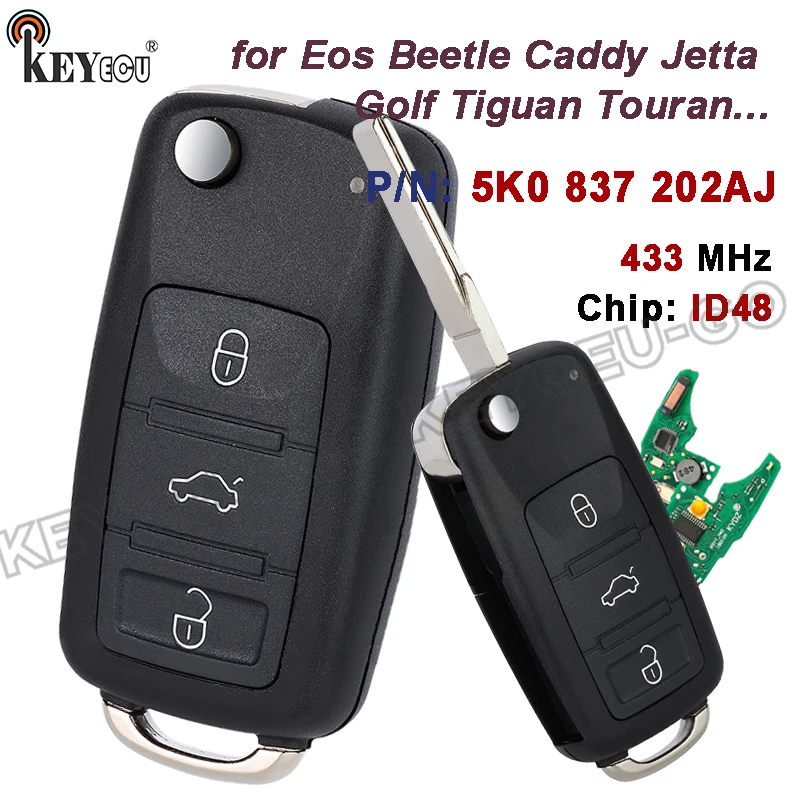 

Чип KEYECU 433 МГц ID48 P/N: 5K0 837 202AJ Smart Remote Key Fob без ключа для Volkswagen Eos Beetle Caddy Golf Jetta Tiguan