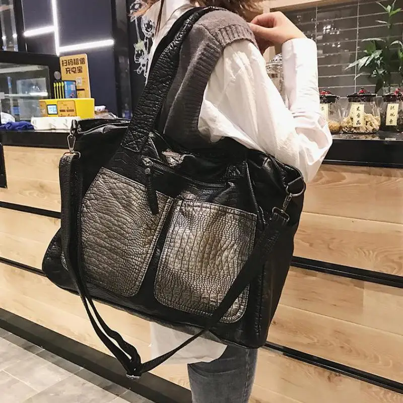 Big Soft Leather Bag For Women Large Capacity Crocodile Travel Handbags High Quality PU Casual Shopper Female Vintage Hobo Bags