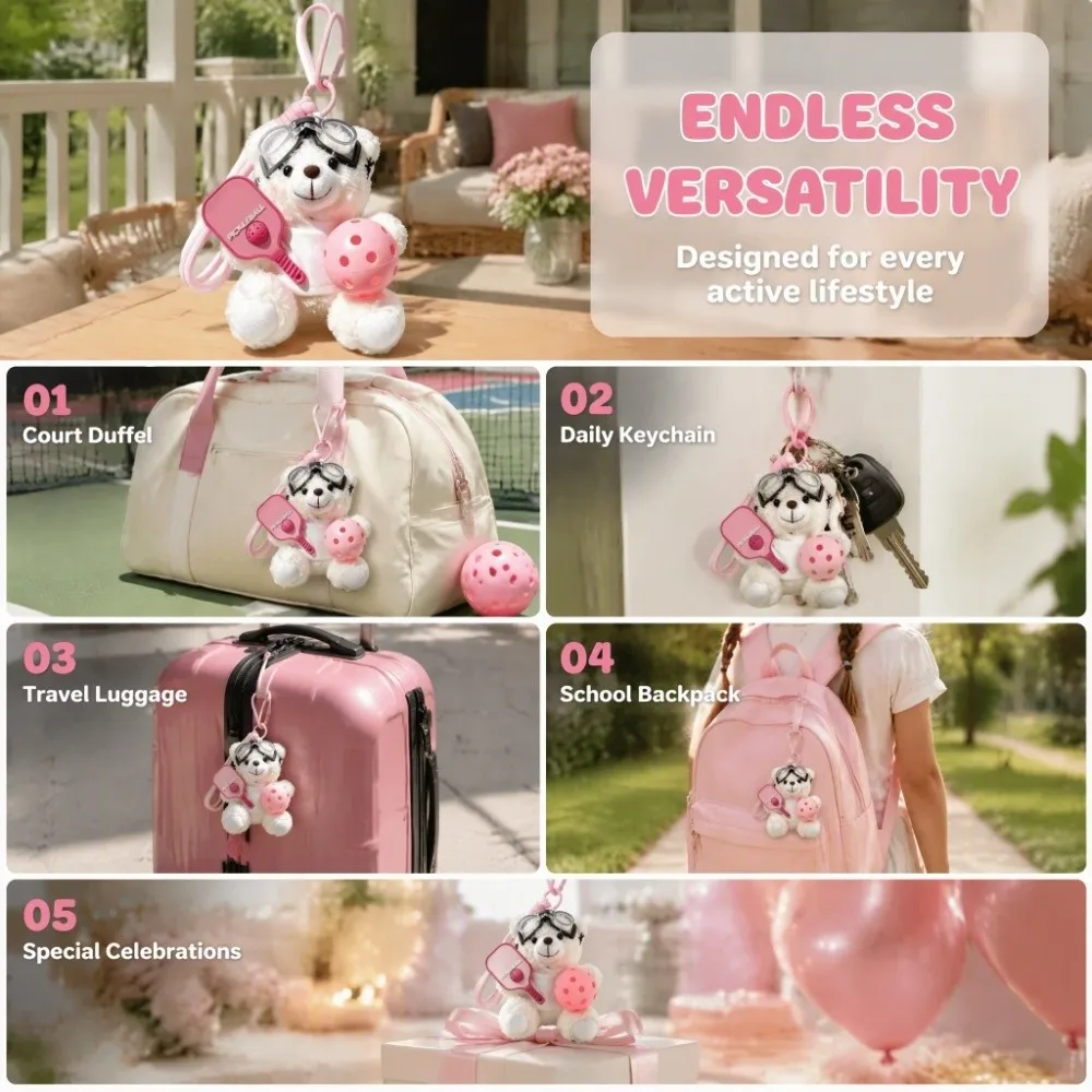 Plush Pickleball Pilot Bear Pendant Cartoon Soft Bag Pendant with Goggles Hanging Ornament Backpack Key Chain Bag Accessories