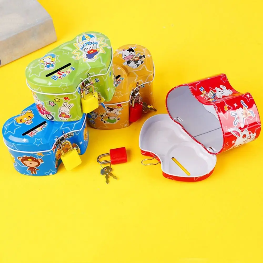With Lock and Key Tinplate Piggy Bank High Capacity Cartoon Print Design Coin Savings Box Cute Iron Art Kids Storage Jar