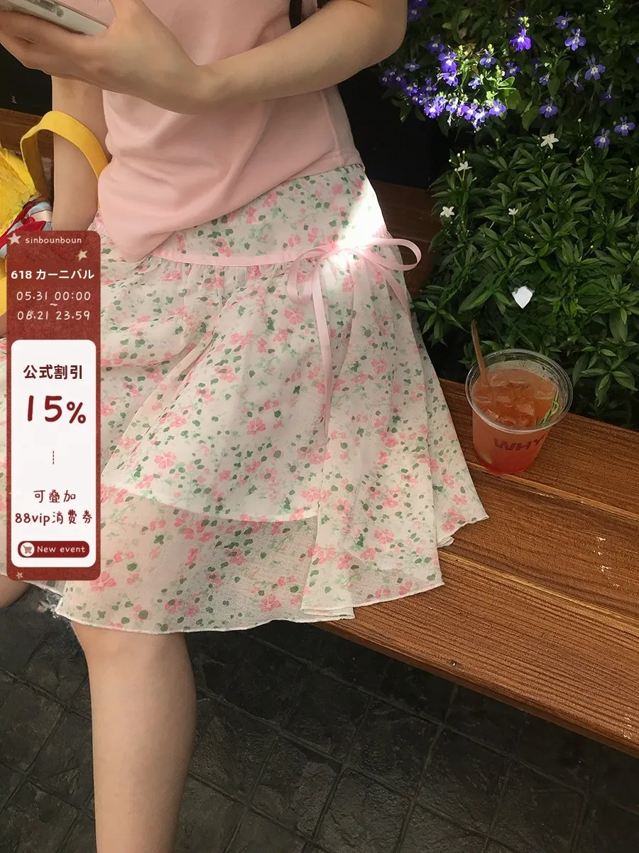 

Sweet Youth-Reducing Miu Style A-Line Skirt with Bow-Knot Floral Print High Waist Polyester Cotton Blend Spring 2026