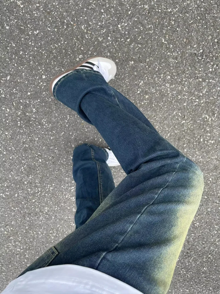 Retro American Blue Waed Jeans Men's Summer Elastic Slimming Micro Flared Pants High Street Extended Length Slimming Long T...