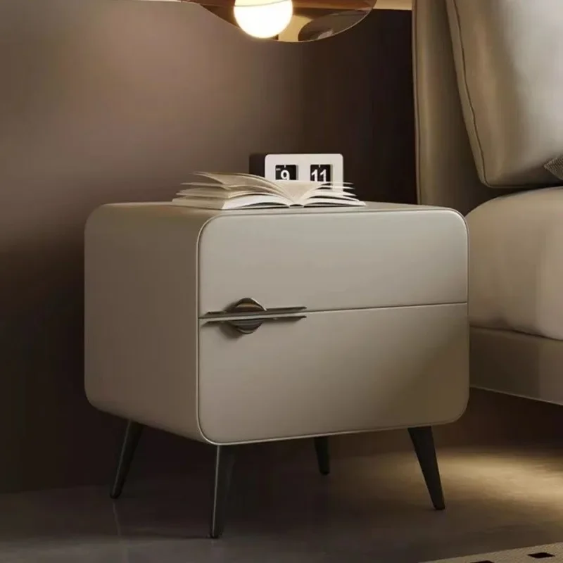 Minimalist Cream Nightstand Double Drawers Unique Groove Hidden Pull Design Bedroom Sofa Side Storage Accent End Table