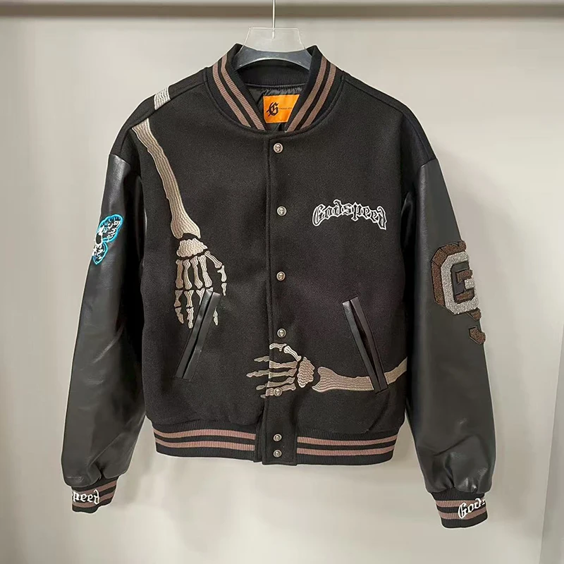 Real Photo GOD SPEED Baseball Jacket American Vintage Patchwork Leather Sleeves Unisex Embroidery Skeleton Jacket Coats