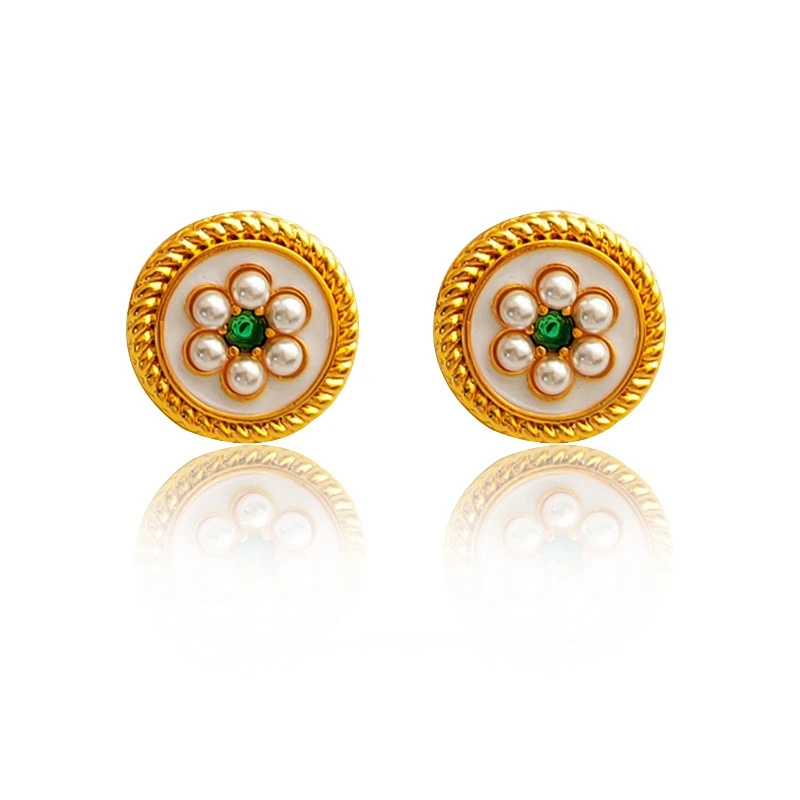 

S925 Silver Needle Retro Harbor Wind Geometric Round Women's Studs Temperament Pearl Earrings Zircon Earrings Female