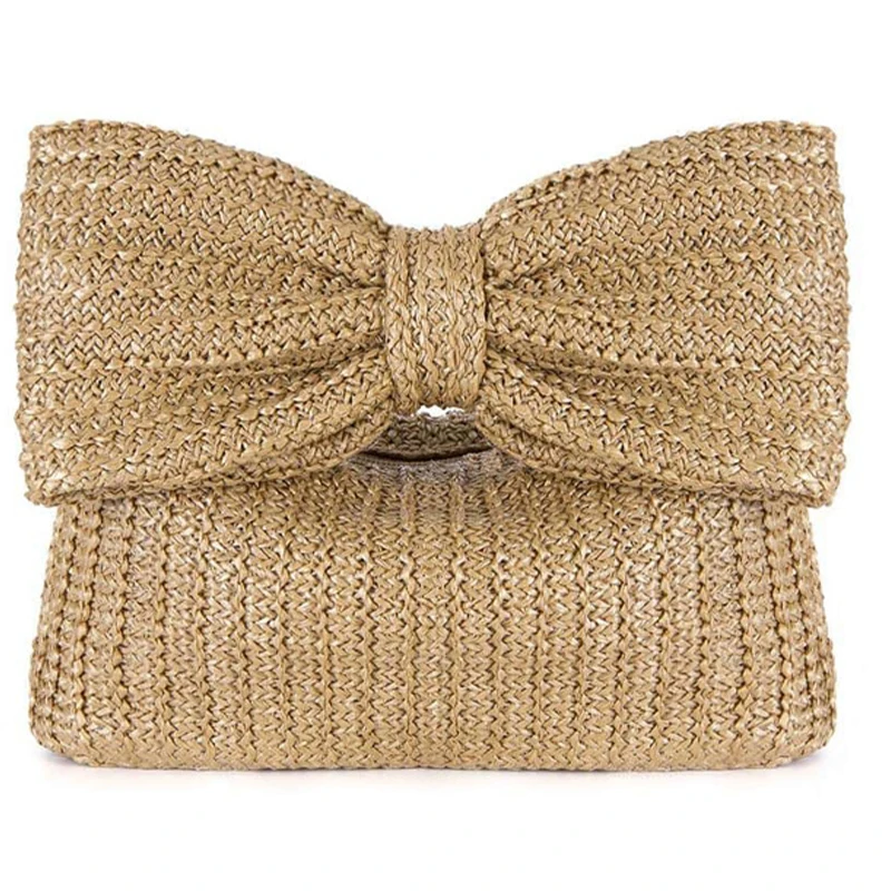 Handmade Straw Bow Tote Handbag for Women 2024 Summer Beach Woven Evening Hobo Bag for Party Wedding Travel Wristle Clutch Purse