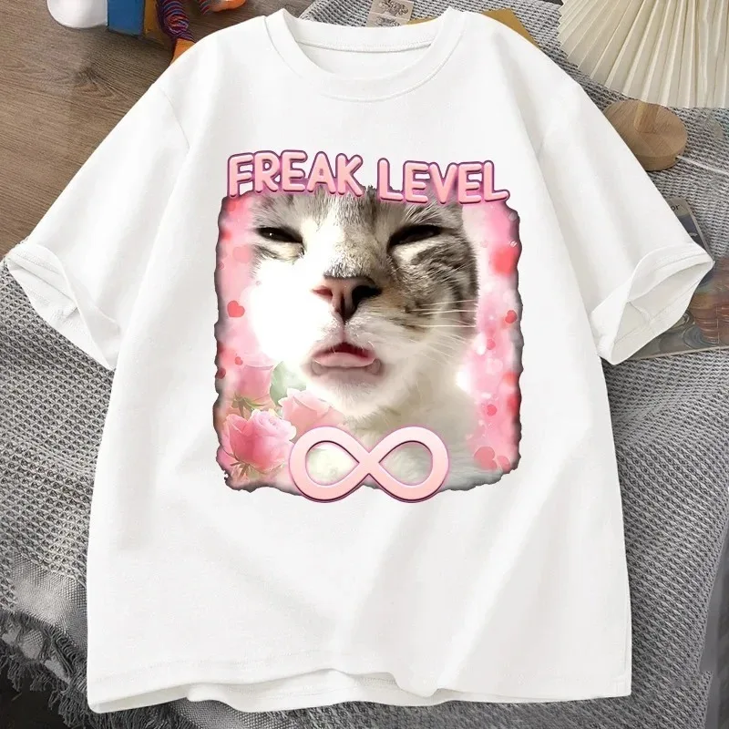 

Freak Level Infinite Funny Cat Expression Pack Women's Harajuku Print Silly Cat T-shirt Women's Short Sleeve T-shirt Graphic Y2K