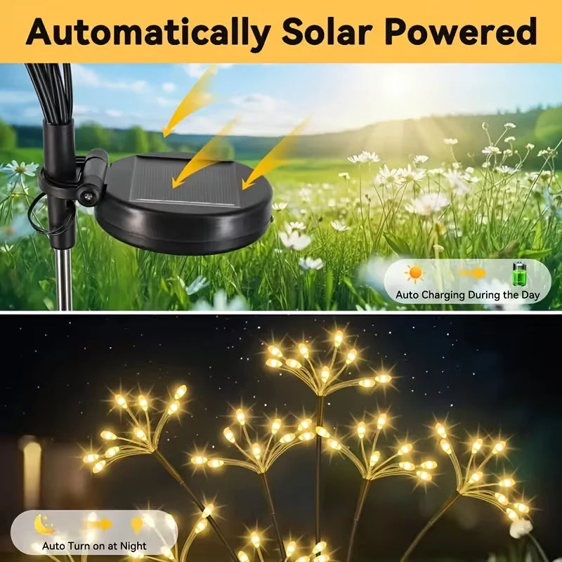 6-Heads 60-LED Solar Firework Lights Outdoor Waterproof for Garden Courtyard Balcony Patio Flower Bed and Party Decor Lawn Lamp