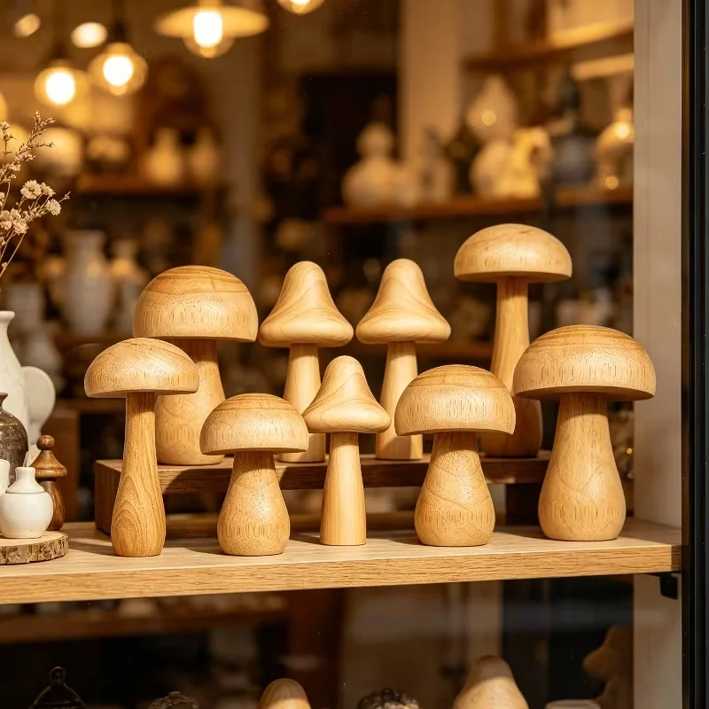 10pcs Set of Naturally Polished Raw Wood Mushroom Ornaments, Rustic Forest-Themed Wooden Decorations, Miniature Landscape Crafts