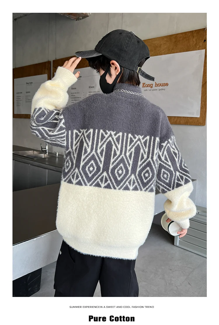 Frühlingsmode Jungen Nerzpullover für 5-14-Jährige Kinder Geometrische Strickwaren Eleganter Halbrollkragen Gestrickte Kleidung – Detail 5